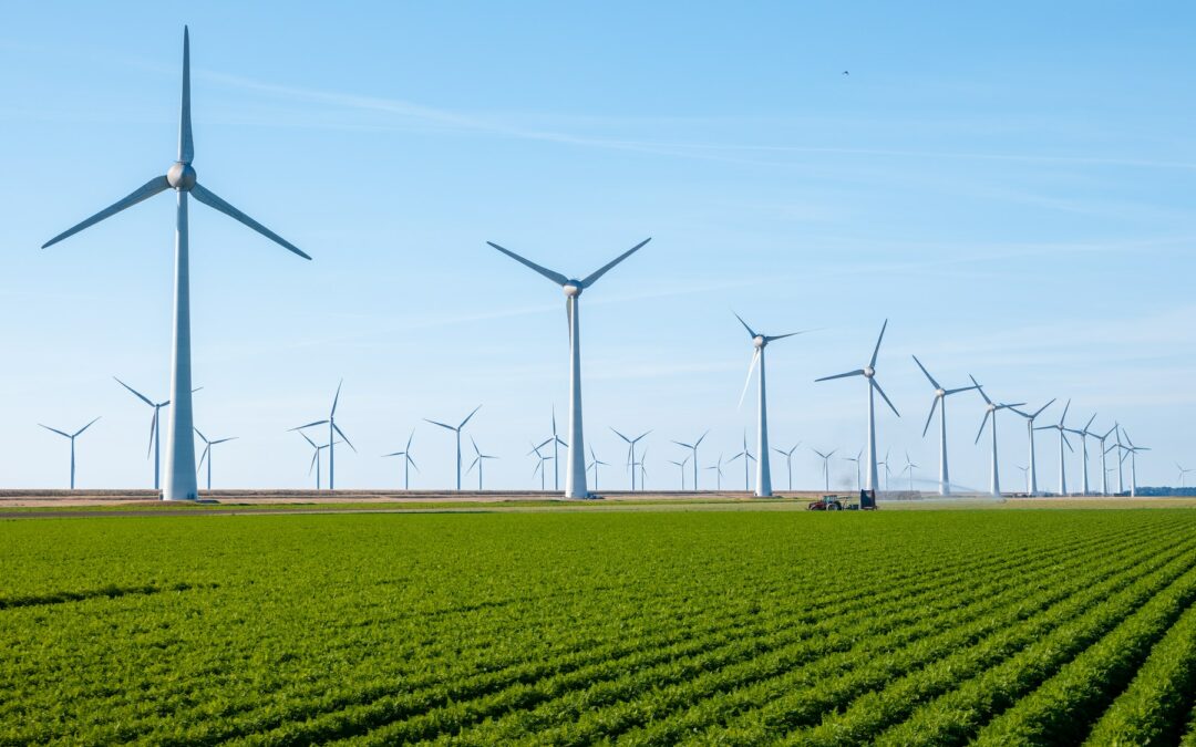Big windmills in the Netherlands, energy transition in the Netherlands with green agriculture field